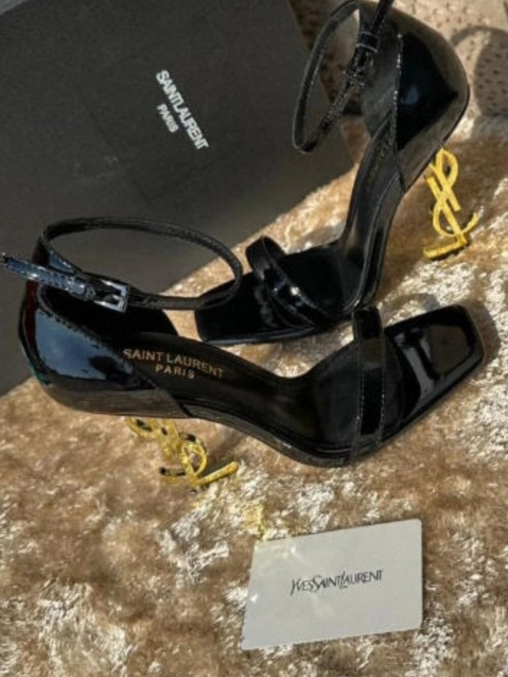 Saint Laurent Women's Black YSL Gold Heel Sandal